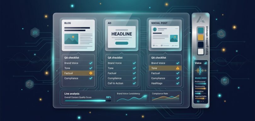 AI content quality assurance checks for brand voice, tone, factual accuracy, and compliance across marketing formats