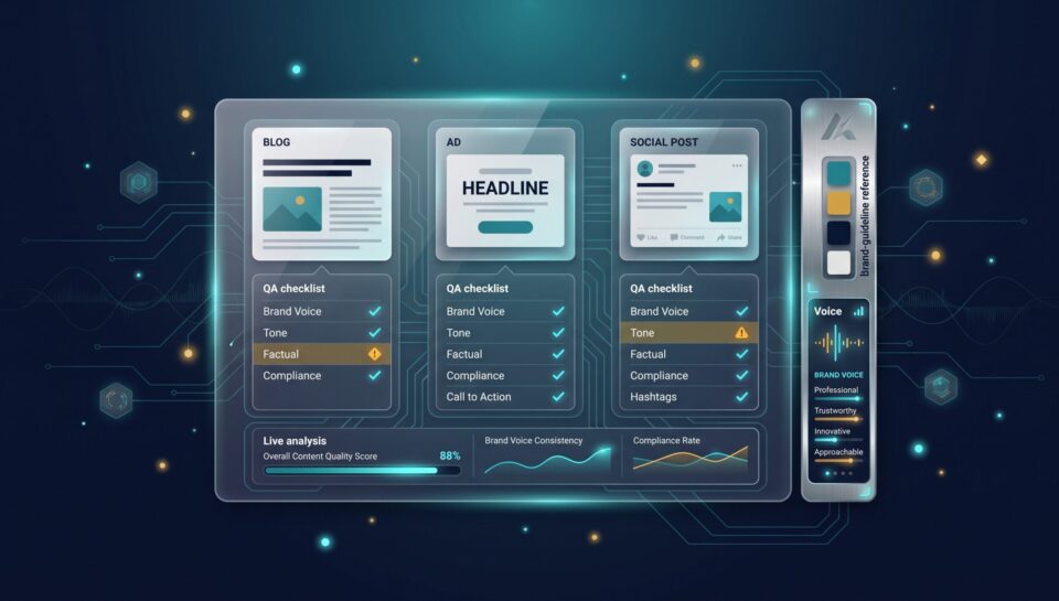 AI content quality assurance checks for brand voice, tone, factual accuracy, and compliance across marketing formats