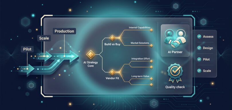 AI data strategy roadmap with pilot, scale, and production milestones and partner-fit decision tree