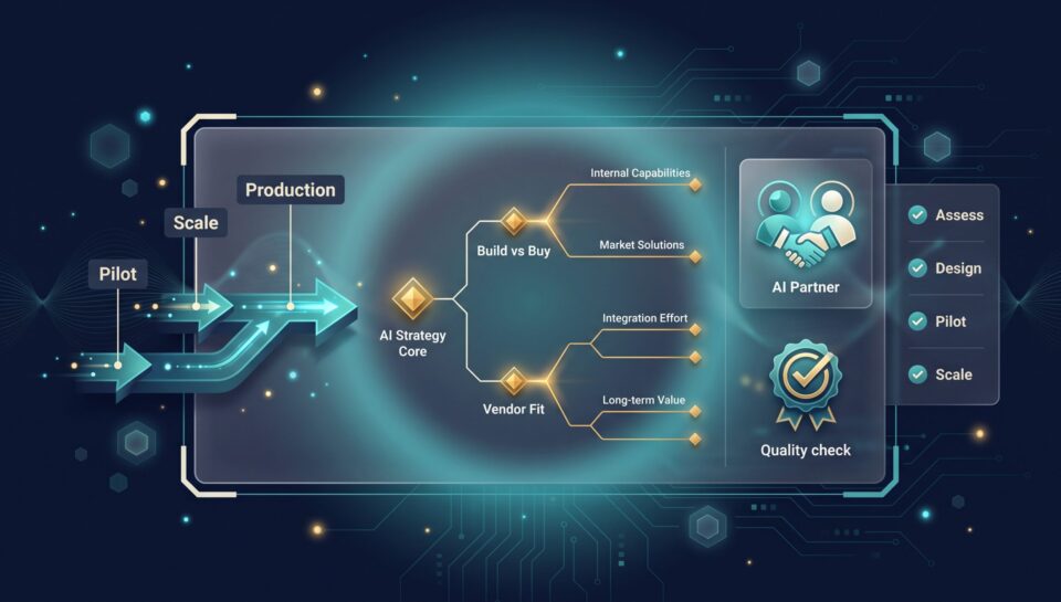 AI data strategy roadmap with pilot, scale, and production milestones and partner-fit decision tree