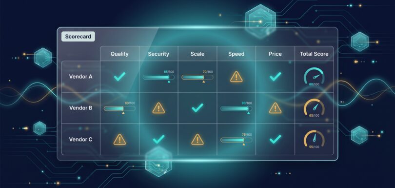 AI data vendor scorecard grid with vendors scored on quality, security, scale, speed, and price
