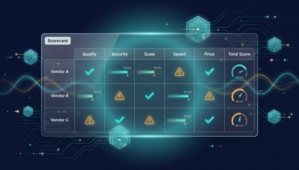 AI data vendor scorecard grid with vendors scored on quality, security, scale, speed, and price