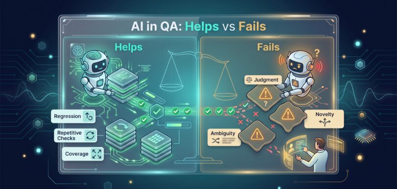 Split panel comparing where AI helps in QA testing versus where it fails on edge cases and judgment calls