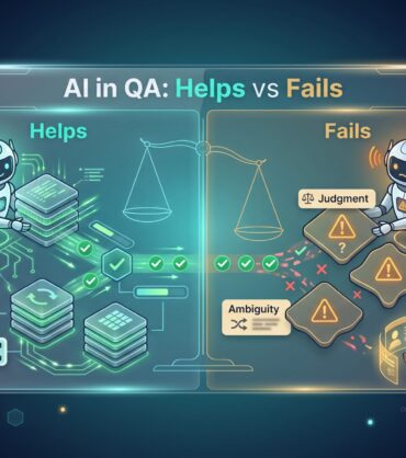 Split panel comparing where AI helps in QA testing versus where it fails on edge cases and judgment calls