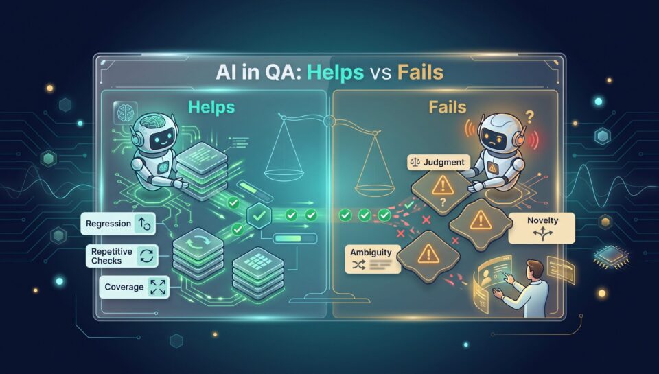 Split panel comparing where AI helps in QA testing versus where it fails on edge cases and judgment calls