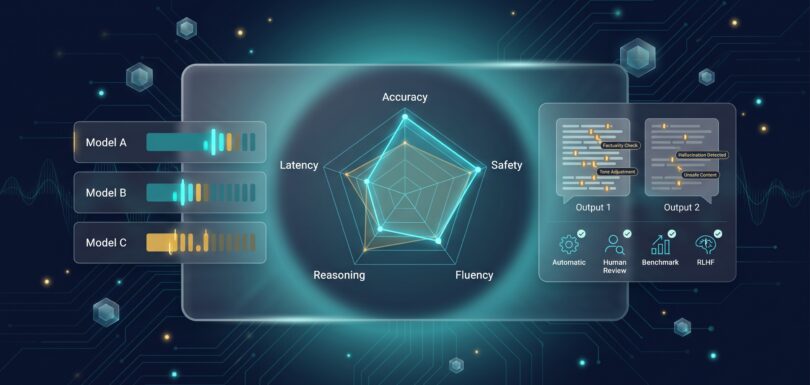LLM benchmarking leaderboard with radar chart and side-by-side response comparison panel