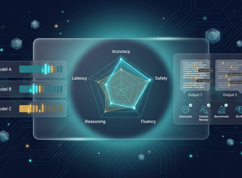 AI Model Evaluation Services: Benchmarking LLMs in 2026 LLM benchmarking leaderboard with radar chart and side-by-side response comparison panel
