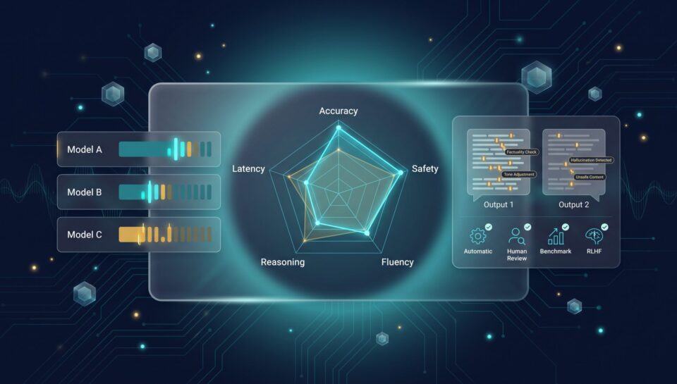 LLM benchmarking leaderboard with radar chart and side-by-side response comparison panel
