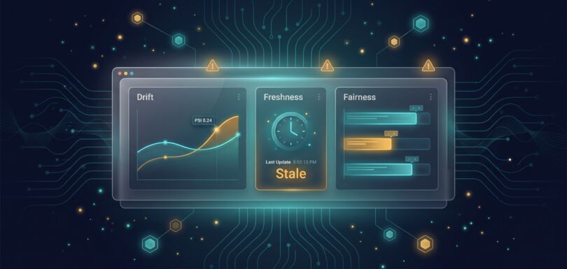AI model monitoring dashboard with drift chart, freshness clock, and fairness comparison bars