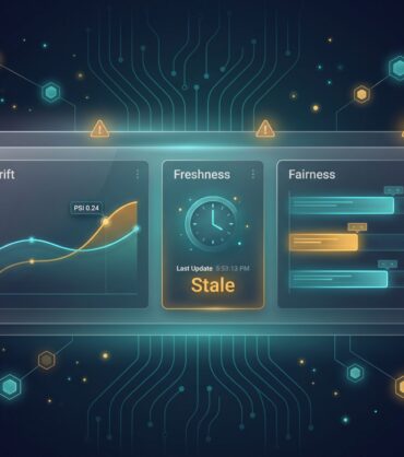 AI model monitoring dashboard with drift chart, freshness clock, and fairness comparison bars