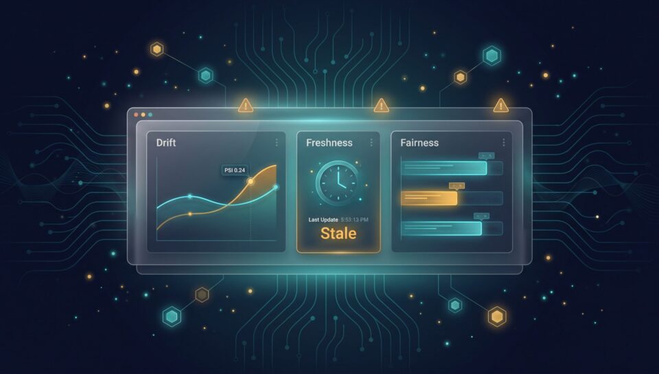 AI model monitoring dashboard with drift chart, freshness clock, and fairness comparison bars