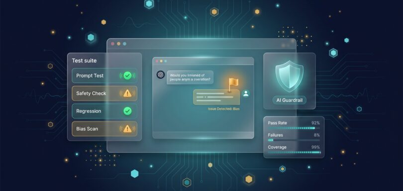 AI QA test suite dashboard with pass/fail markers, chatbot conversation flagged for review, and safety guardrail shield