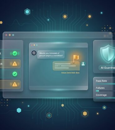 AI QA test suite dashboard with pass/fail markers, chatbot conversation flagged for review, and safety guardrail shield