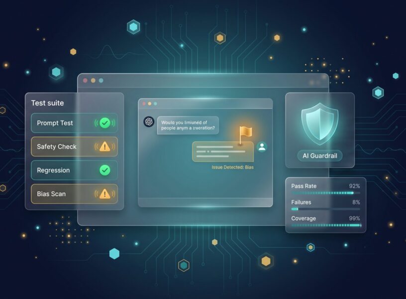 AI Quality Assurance Services: QA for AI Systems in 2026 AI QA test suite dashboard with pass/fail markers, chatbot conversation flagged for review, and safety guardrail shield