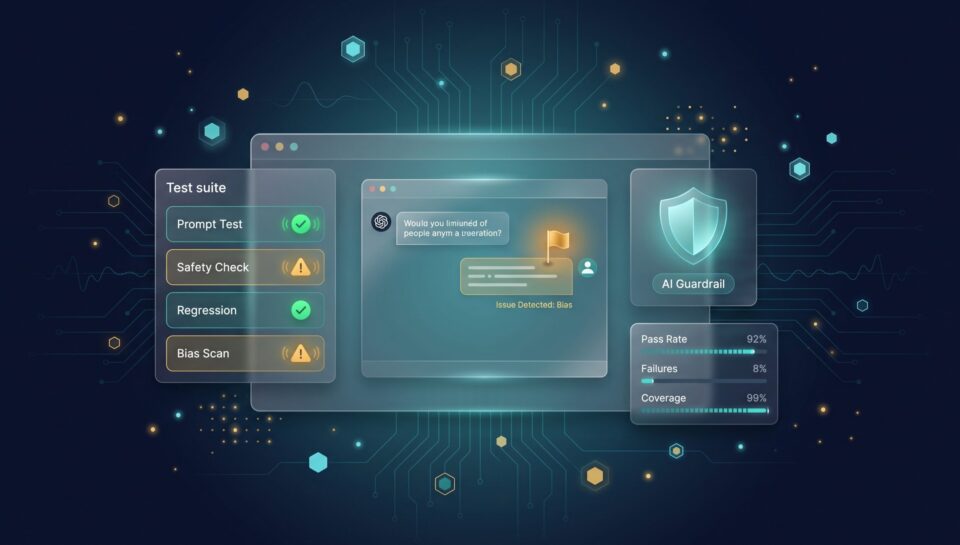 AI QA test suite dashboard with pass/fail markers, chatbot conversation flagged for review, and safety guardrail shield