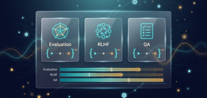 AI services pricing cards for evaluation, RLHF, and QA with cost ranges
