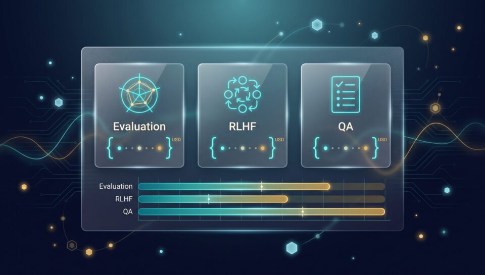 AI services pricing cards for evaluation, RLHF, and QA with cost ranges
