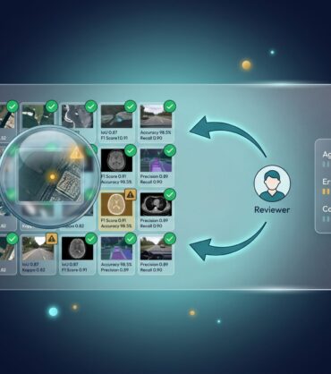 Annotation audit dashboard with flagged items, reviewer avatar, and human-in-the-loop feedback arrow