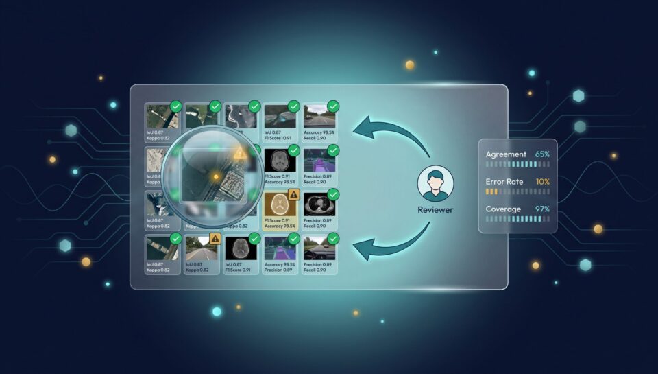 Annotation audit dashboard with flagged items, reviewer avatar, and human-in-the-loop feedback arrow