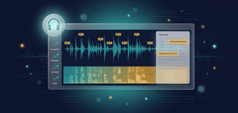 Audio waveform with speaker turn markers, spectrogram, and transcript annotation panel