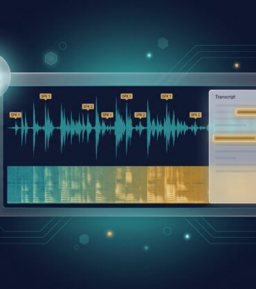 Audio waveform with speaker turn markers, spectrogram, and transcript annotation panel
