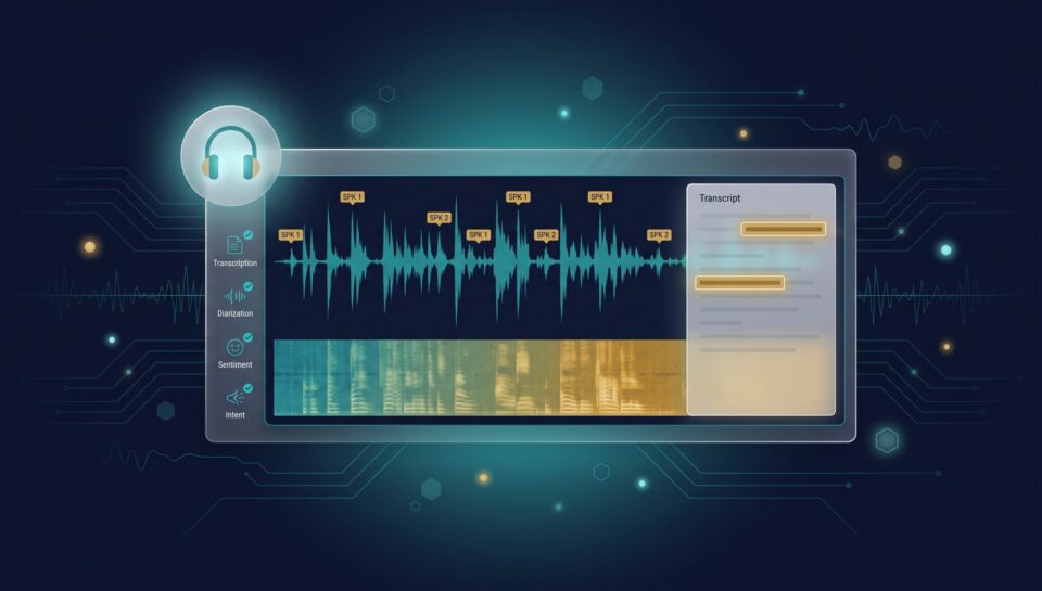 Audio waveform with speaker turn markers, spectrogram, and transcript annotation panel