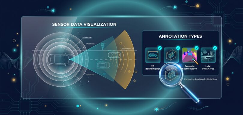Autonomous vehicle sensor visualization with lidar rings, camera cone, radar zone, and annotation type panel