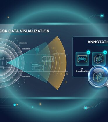 Autonomous vehicle sensor visualization with lidar rings, camera cone, radar zone, and annotation type panel