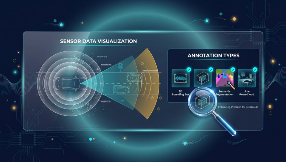 Autonomous vehicle sensor visualization with lidar rings, camera cone, radar zone, and annotation type panel