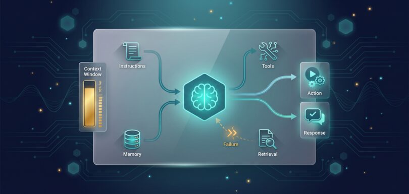 AI agent brain with context inputs (instructions, memory, tools, retrieval) and action outputs