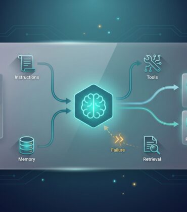 AI agent brain with context inputs (instructions, memory, tools, retrieval) and action outputs