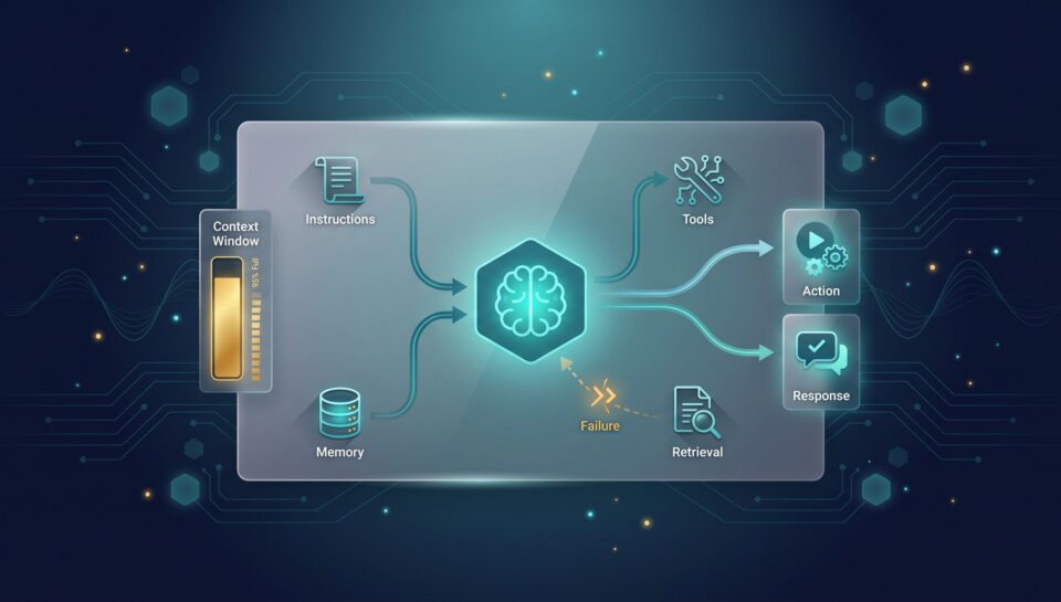 AI agent brain with context inputs (instructions, memory, tools, retrieval) and action outputs