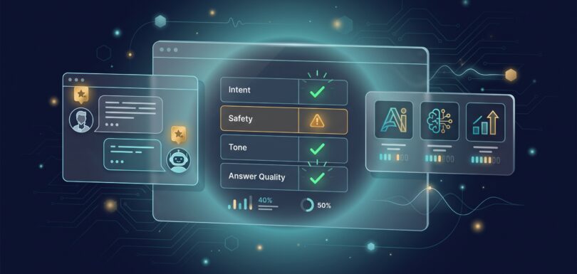Conversational AI testing dashboard showing chatbot messages, intent/safety/tone checks, and vendor comparison