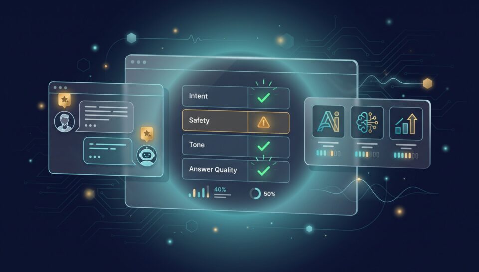Conversational AI testing dashboard showing chatbot messages, intent/safety/tone checks, and vendor comparison