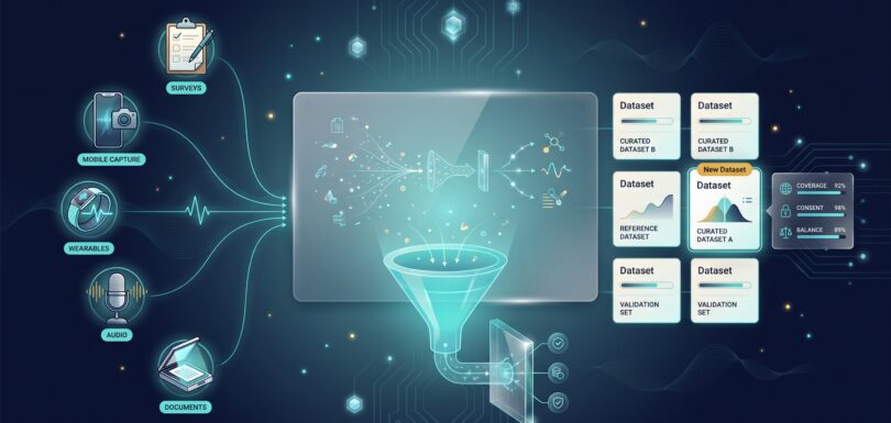 Data collection funnel gathering surveys, mobile, sensors, audio, documents into a structured AI dataset