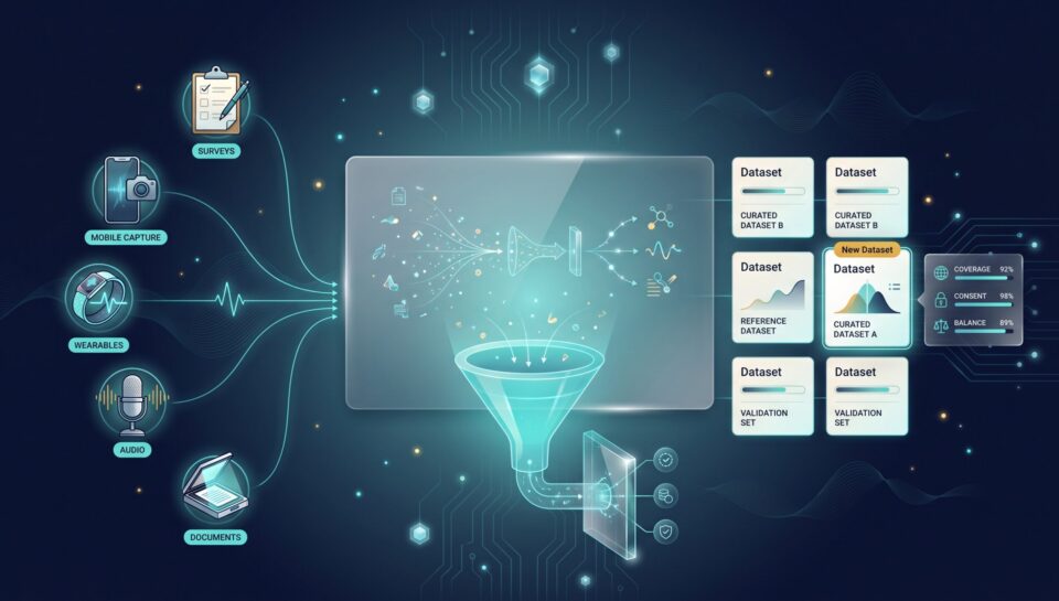 Data collection funnel gathering surveys, mobile, sensors, audio, documents into a structured AI dataset