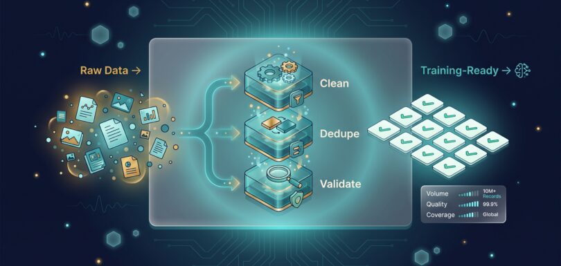 Data curation pipeline showing raw data flowing through cleaning, deduplication, and validation into a structured training-ready grid