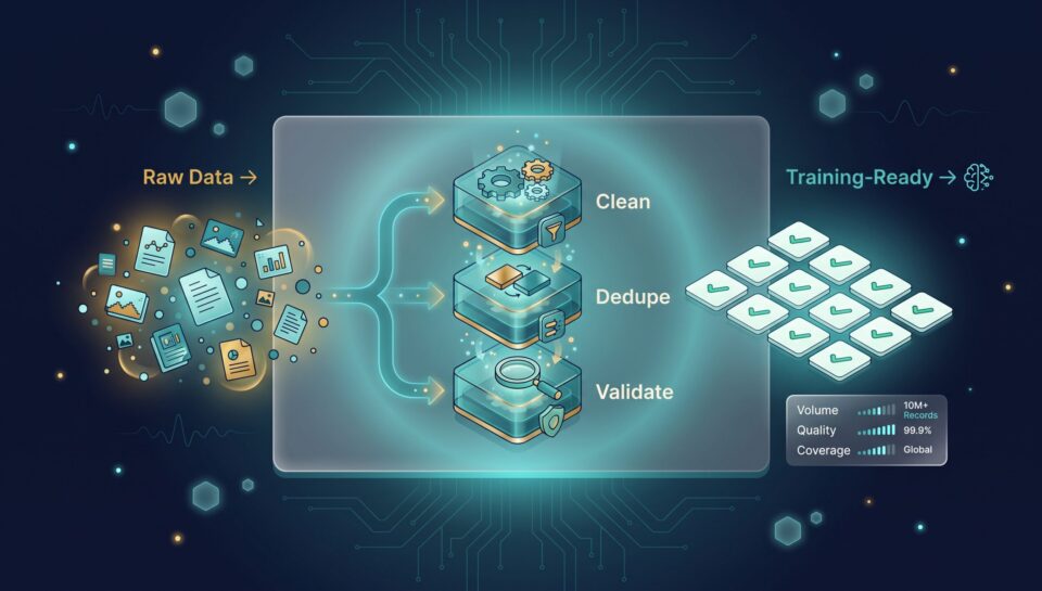 Data curation pipeline showing raw data flowing through cleaning, deduplication, and validation into a structured training-ready grid