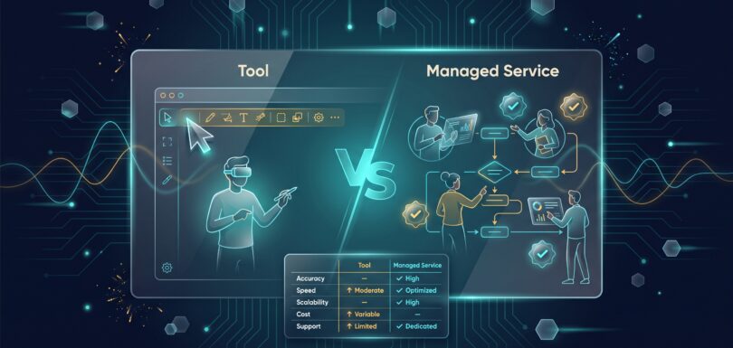 Split comparison panel of a data labeling software tool versus a managed annotation service team