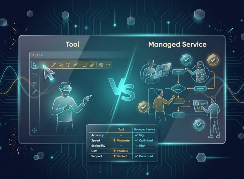 Data Labeling Tools vs Managed Services: How to Choose Split comparison panel of a data labeling software tool versus a managed annotation service team