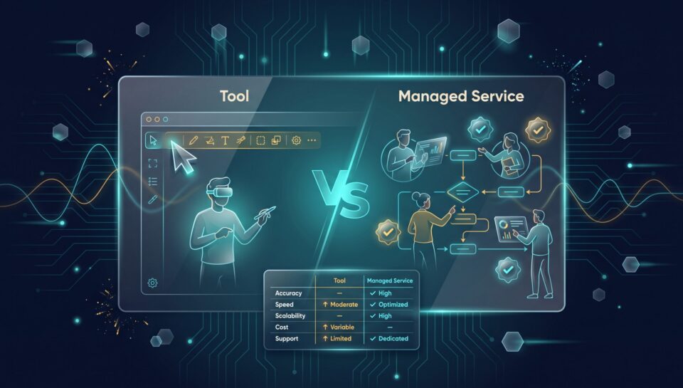 Split comparison panel of a data labeling software tool versus a managed annotation service team
