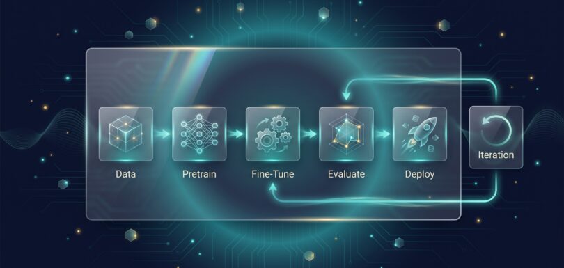 Generative AI development pipeline from data through pretrain, fine-tune, evaluate, deploy stages