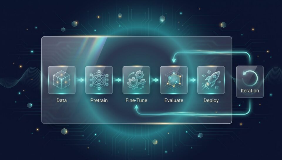 Generative AI development pipeline from data through pretrain, fine-tune, evaluate, deploy stages