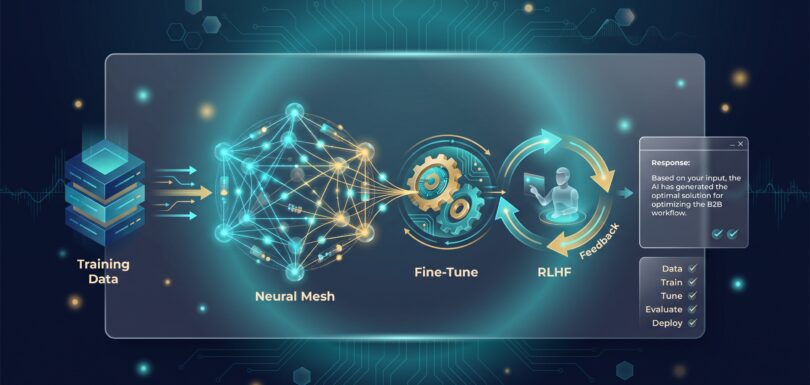 Generative AI pipeline from training data through fine-tuning and RLHF to deployed model responses