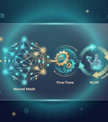 Generative AI pipeline from training data through fine-tuning and RLHF to deployed model responses