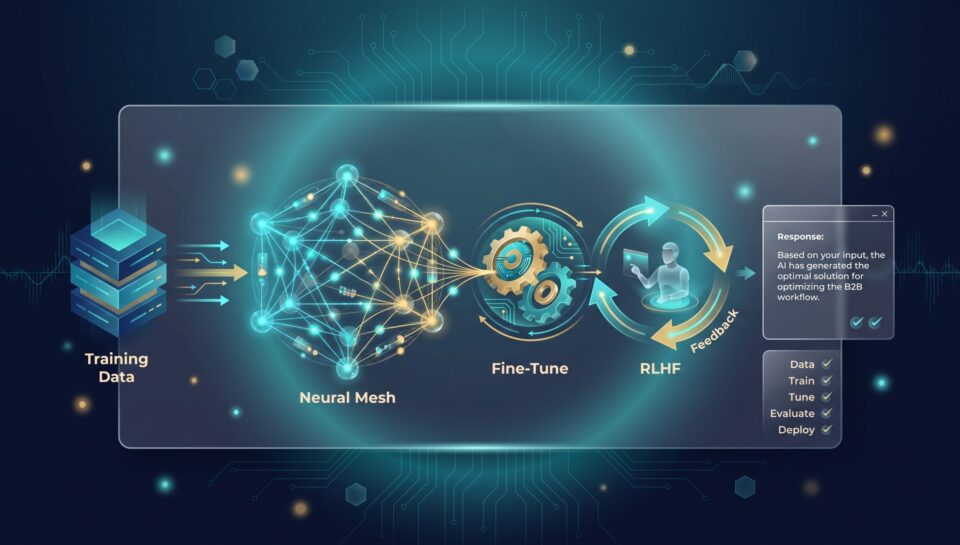 Generative AI pipeline from training data through fine-tuning and RLHF to deployed model responses
