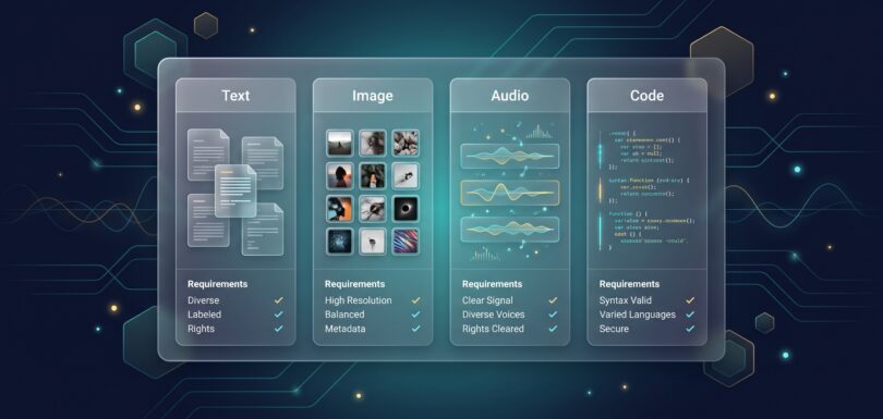 Training data requirements across text, image, audio, and code modalities