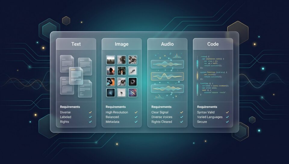 Training data requirements across text, image, audio, and code modalities