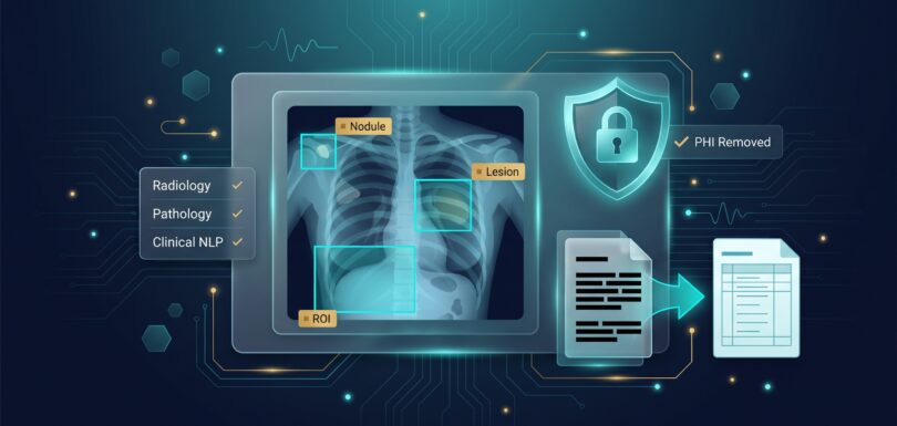 Medical scan with annotated regions of interest, HIPAA shield, and PHI de-identification workflow