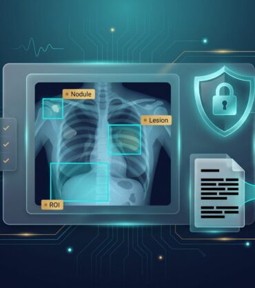 Medical scan with annotated regions of interest, HIPAA shield, and PHI de-identification workflow
